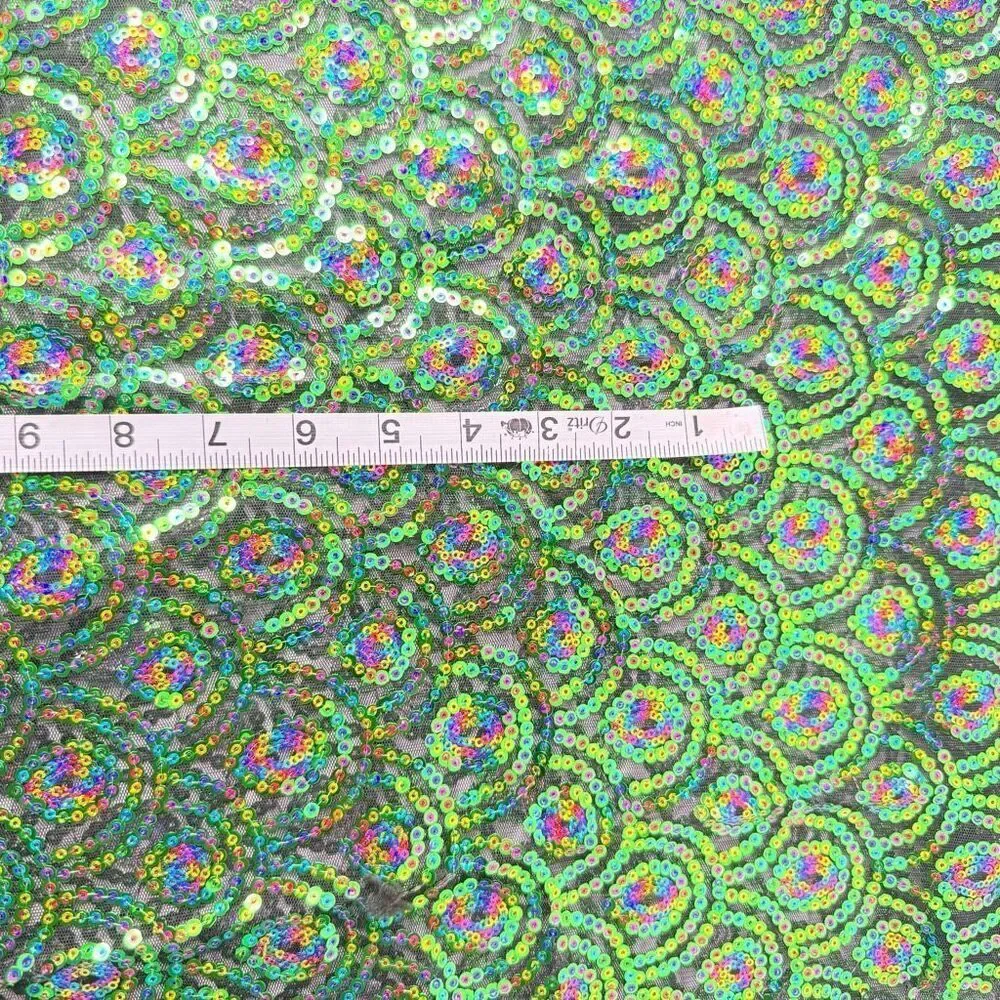 Iridescent Sequin Fabric Green Rainbow Mermaid Scale Pattern 30” x 17” Mesh Back